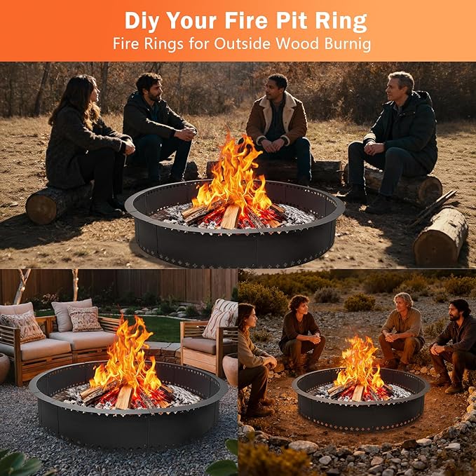 DFLU Smokeless Fire Pit Ring 48 inch Inner, 52 inch Outer Large Firepit Ring Insert Metal Steel Round Firepit Ring for Outside Wood Burning DIY Fire Pits Outdoor Fire Place for Camping Patio Backyard