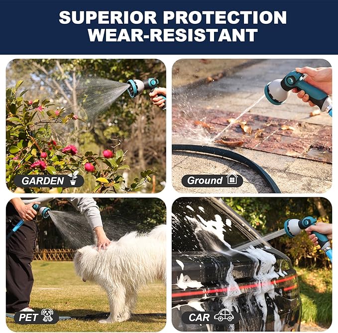 Aunfles 100FT Garden Hose - Flexible Water Hose with 10 Spray Nozzle, Lightweight Design, Easy Storage, Leak-Proof, Compact, Portable, Car Wash for Yard (Blue)