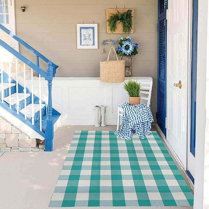 SEEKSEE Buffalo Plaid Outdoor Rug 4'x6' Light Blue and White Checkered Area Rug Washable Doormat Cotton Boho Bedroom Rug for Kitchen Entryway Hallway Front Door Farmhouse Living Room