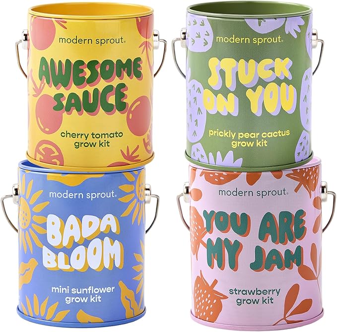 Modern Sprout Complimentary Color Grow Kits (Pack of 4) - Seed Starter Kit - Includes Organic Strawberry Tomato Sunflower & Cactus Seeds - Easter Basket Essentials - Gardening Gifts that Grows w/Love