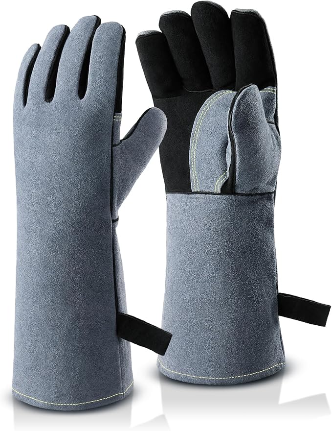 OZERO Welding Gloves for Men, Heat Resistant Gloves, 16-Inch Cowhide Leather Work Gloves, EN388/EN407/EN12477 Type A Certified, Reinforced Palm, Insulated Lining, Long Cuff for BBQ & Grill, Black-gray