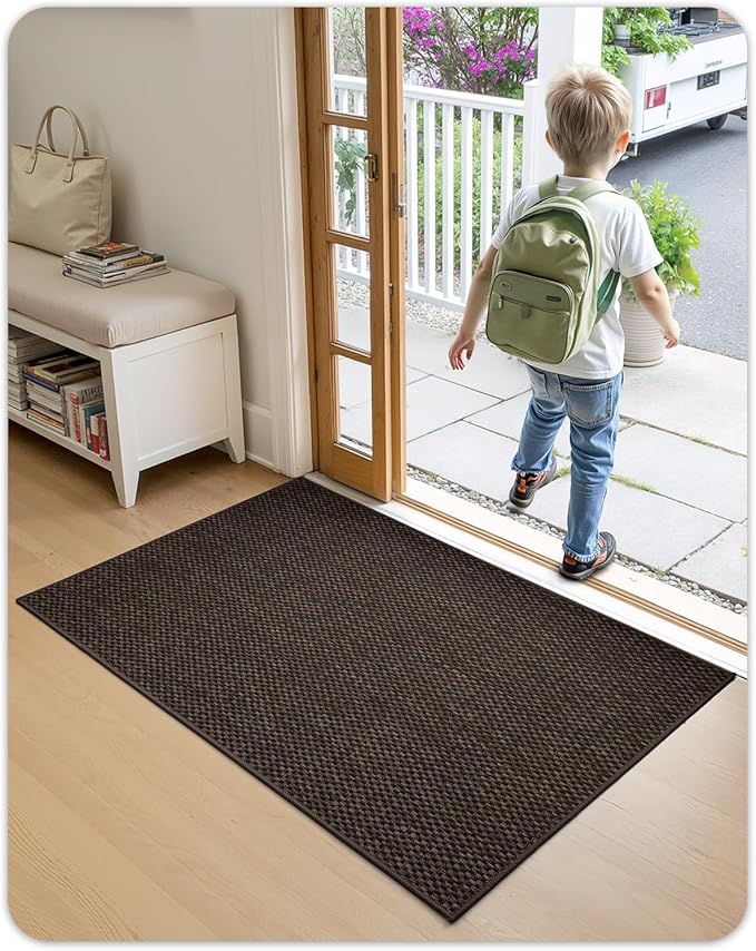 Color&Geometry Ultra-Thin Indoor Door Mat, 21"x31" Low-Profile Non-Slip Entryway Rug with Modern Geometric Texture, Washable Doormat for Entrance, Front Doors, Brown (FOLD)