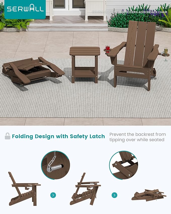 SERWALL Modern Adirondack Chair Set of 4, Folding Adirondack Chair with Cup Holders, Outdoor HDPE Fire Pit Chairs for All Weather Use, Brown