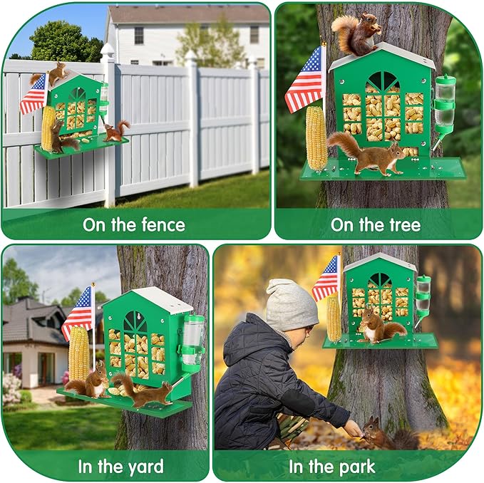 Metal Squirrel Feeder for Outside, Hanging Squirrel House for Outdoors with Water Bottle, Flag and Corn Cobs Holder, Peanut Feeder for Chipmunks, Easy to Mount on Trees or Fences