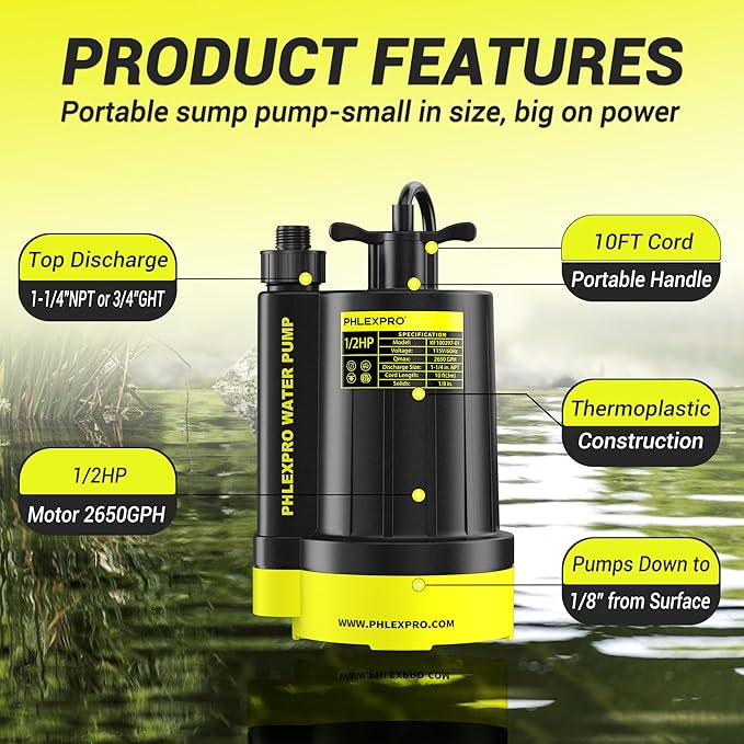 1/2HP Automatic Submersible Water Pump,110V Sump Pump Submersible with 3/4” Garden Hose Check Valve Adapter,2650 GPH Water Removal for Swimming Pool Cover Hot Tubs Flooded House Basement
