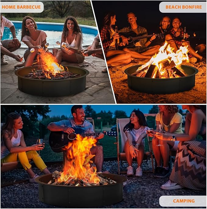 36" Fire Pit Ring Insert, YAHKBTEN Smokeless Heavy Duty Steel Fire Pit for Outdoor, 36"/39" In-Ground Campfire Ring - Portable DIY Frame, Rust-Resistant Backyard Bonfire, Camping & BBQ Essentials