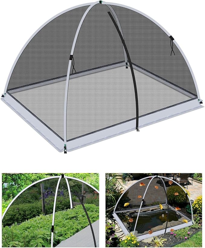 5 * 7ft Pond Cover Dome,Garden Pond Net Pond Mesh Tent with Ropes, Stakes and Fiberglass Poles, Pond and Garden Cover Protective Tent Dome Netting for Pond Pool and Garden