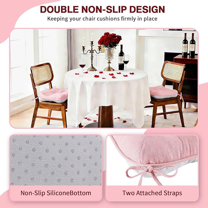 BETU Pink Chair Cushions for Dining Chairs Set of 2,3.5" Thick Kitchen Table Chair Pads with Ties,Non Slip Backing and Covers, Seat Cushion for Dining Room,Bar,Patio Chairs,16"X16"X3.5",Pink