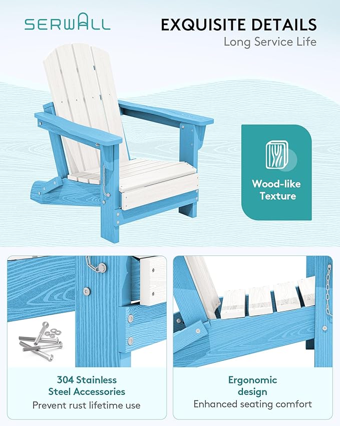 SERWALL Kids Adirondack Chair, HDPE Adirondack Chair for Children,All-Weather Resistant for Patio, Garden, Backyard - Light Blue and White