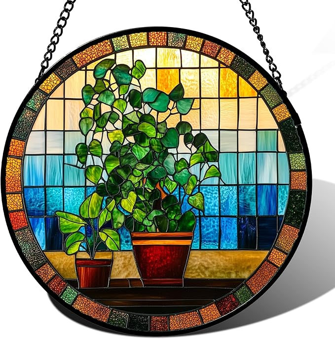 Stained Glass Window Hanging Green Potted Plants Large 11.8" - Suncatcher Door Garden Sun Catcher Retro Home Decor Birthday Christmas for Mom Men Woman Nana Friend