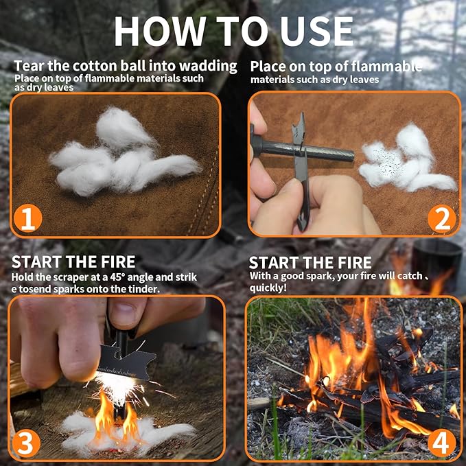2PCS Magnesium Fire Starter with Striker, High Temp Magnesium Rod, Ferro Rod Fire Starter Survival Tool with 20Pack Waterproof Tinder and Steel Fire Striker for Camping, Hiking and Emergency