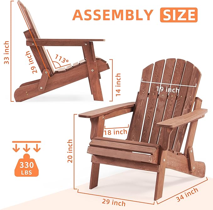 Oversized Wooden Folding Adirondack Chair with Pre-Assembled Backrest and Seat Board, Lounge Chair for Outdoor Patio Garden Lawn Backyard Firepit Deck Pool Beach