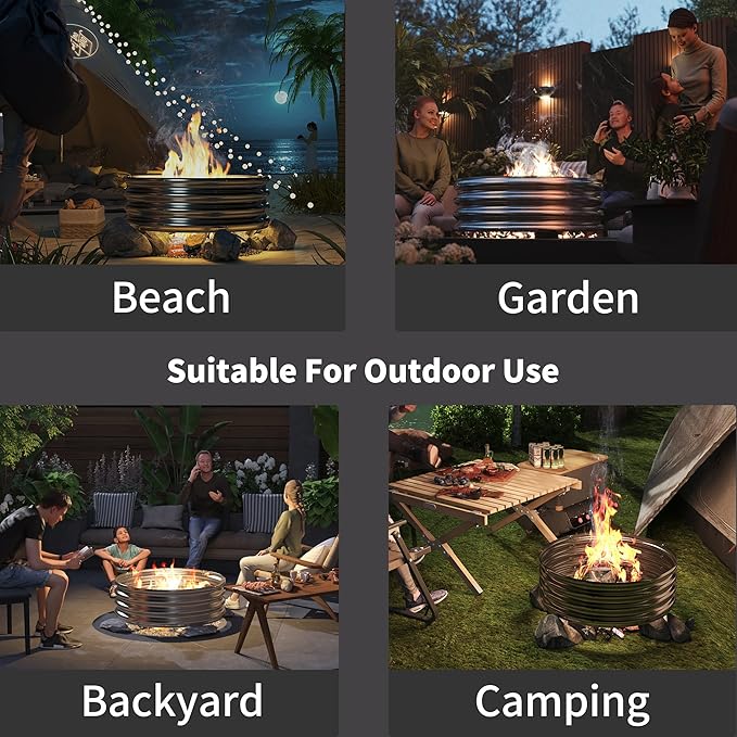 36 Inch Outdoor Fire Pit Ring, Round Galvanized Portable Fire Pit for Camping, Metal Steel Bonfire Fire Ring for Outside, Backyard
