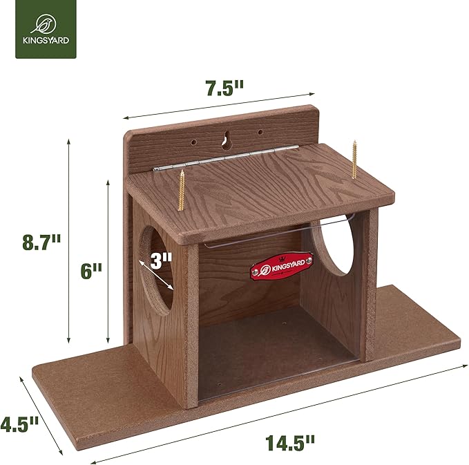 Kingsyard Squirrel Feeder Box for Outside, Recycled Plastic Squirrel Feeder Box with Corn Cob Holders, Easy to Refill & Clean, Weather-Proof (Brown)