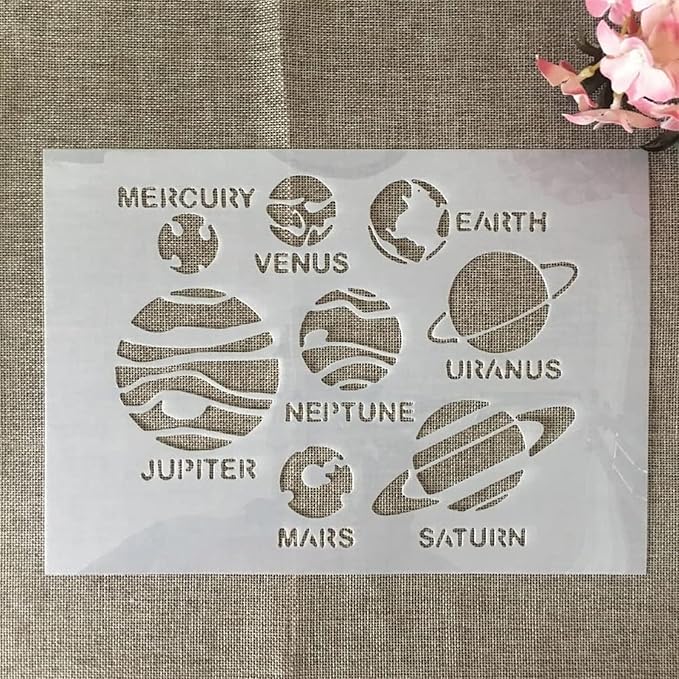TIAMECH A4 Reusable Solar System Stencil for Painting - Planets Earth Mars Saturn Mercury Layering Template, DIY Wall Art, Wood Furniture, Scrapbook & Crafts (8.3x11.7inch)