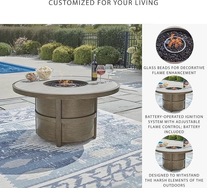Signature Design by Ashley Rainier Ranch Contemporary Sintered Stone Tabletop Outdoor Fire Pit Table with Pedestal Base, Light Brown & Beige