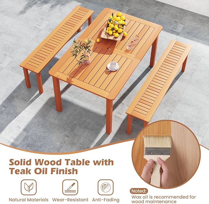 Tangkula Set of 3 Patio Dining Set for 4, Solid Wood Dining Table with 2 Benches, Outdoor Table Bench with 2” Umbrella Hole & Teak Oil Finish, Dining Furniture Set for Yard, Deck, Porch, Indoors