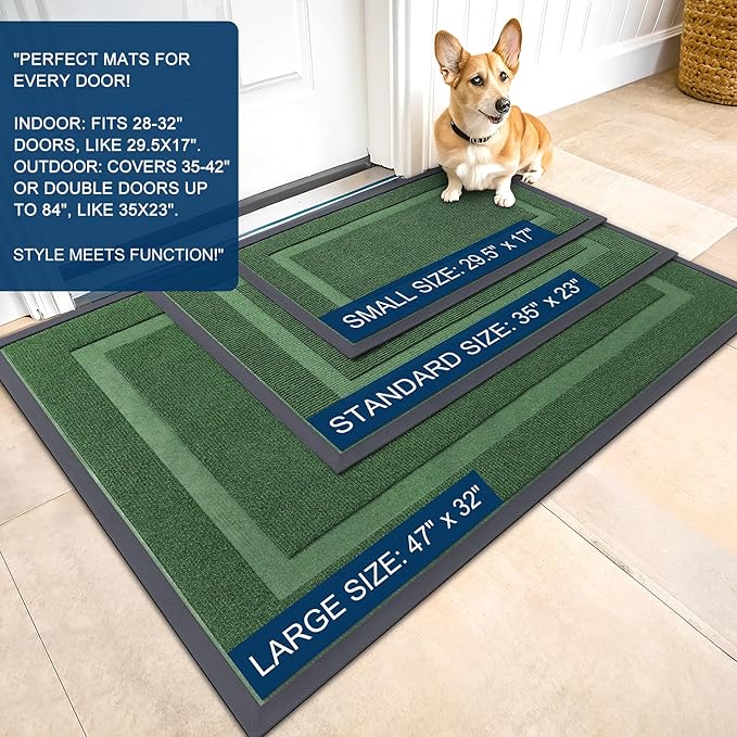 OLANLY Front Door Mat Indoor Outdoor Entrance, Waterproof All-Season, All-Weather Doormat, Sturdy Natural Rubber, Fade Resistant, Low Profile, Easy Clean Patio Porch Entryway Mat, 71x34, Green