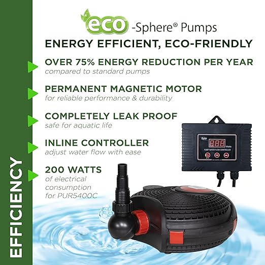 Alpine Corporation PUR5400C Eco-Sphere 5400 GPH Pond Pump with Controller and 33-ft Cord, Energy-Saving, Black/Red