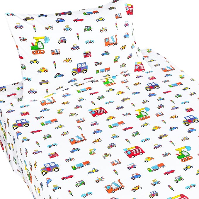 Scientific Sleep Little Cars Big Trucks Fire Cars Train Engineering Vehicle Cute Fun 100% Cotton Cozy Twin Bed Sheet Set, Flat Sheet & Fitted Sheet & Pillowcase Bedding Set