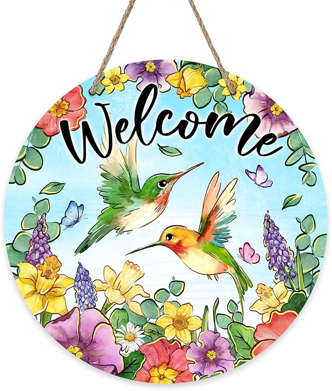 Welcome Spring Summer Hummingbird Front Door Sign, Daffodil Morning Glory Flower Wood Door Hanger Outdoor Outside Porch Decor, Hyacinth Floral Wooden Wreath Indoor Wall Hanging Decoration