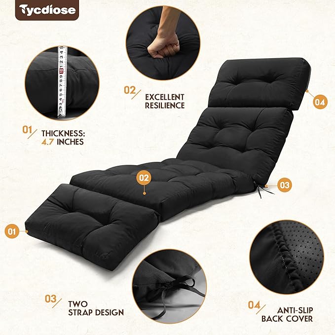 Outdoor Chaise Lounge Chair Cushion Replacement 74.4 x 22 x 4.7 Inches Memory Foam Waterproof Lounge Chair Cushions for Outdoor Furniture with Ties, Thickened Lounge Chair Cushions, Black
