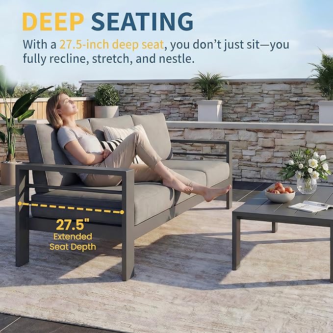 Solaste Aluminum Patio Furniture Set for All Weather, Oversized Metal Outdoor Furniture Set with 27.5" Deep Seating and 3.2" Wide Armrest, Outdoor Patio Sofa with 10" Back Suport Cushion