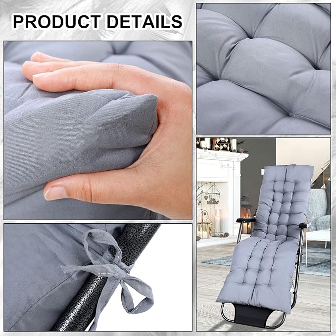 Bucherry 67 x 19 Inch Chaise Lounge Cushions Soft Lounge Chair Cushion Gravity Chair Cushion Sofa Lawn Furniture Cushion Pad with 6 Tie for Outdoor Indoor Patio Home Without Headrest (Gray,2 Pcs)