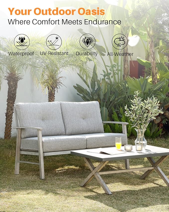 Patio Furniture Loveseat Sofa, Outdoor Aluminum Patio Couch with 5.9'' Soft Cushion, All-Weather 2 Seats Outdoor Furniture Sofa Couch for Garden, Poolside, Lawn, White Oak