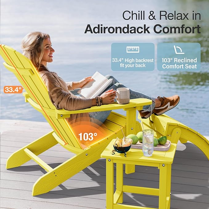 YEFU Adirondack Chairs Set of 6: Plastic Adirondack Chairs - Patio Chairs with Wood Texture - Outdoor Chair HIPS - Lawn Fire Pit Deck Porch Garden Chairs for Adults (Yellow)