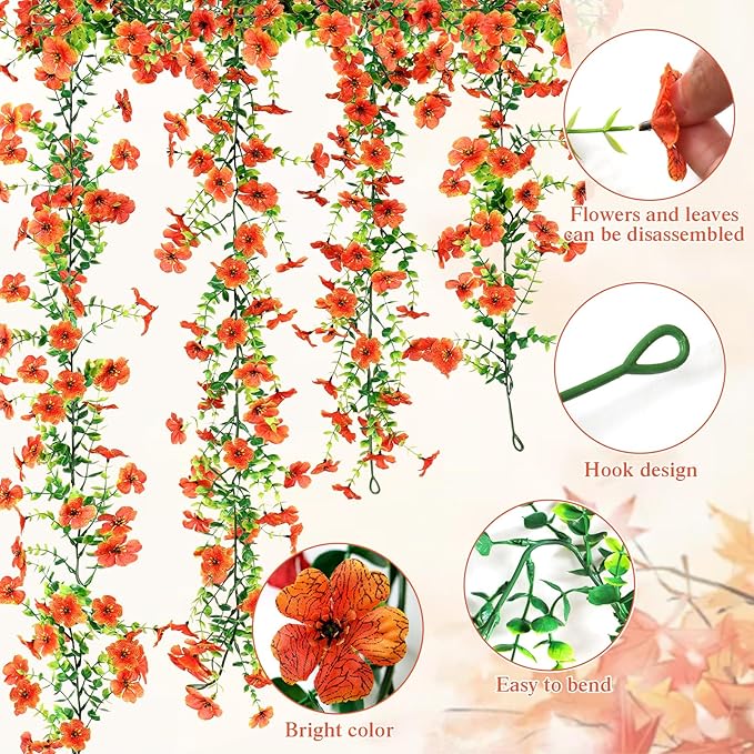 2 Pack Artificial Flowers Garland Ivy,Spring Summer Decor UV Resistant Fake Daisy Vines Floral Vine Silk Hanging Flower for Decor Home Garden Wedding Photo Booth Backdrop (Orange)