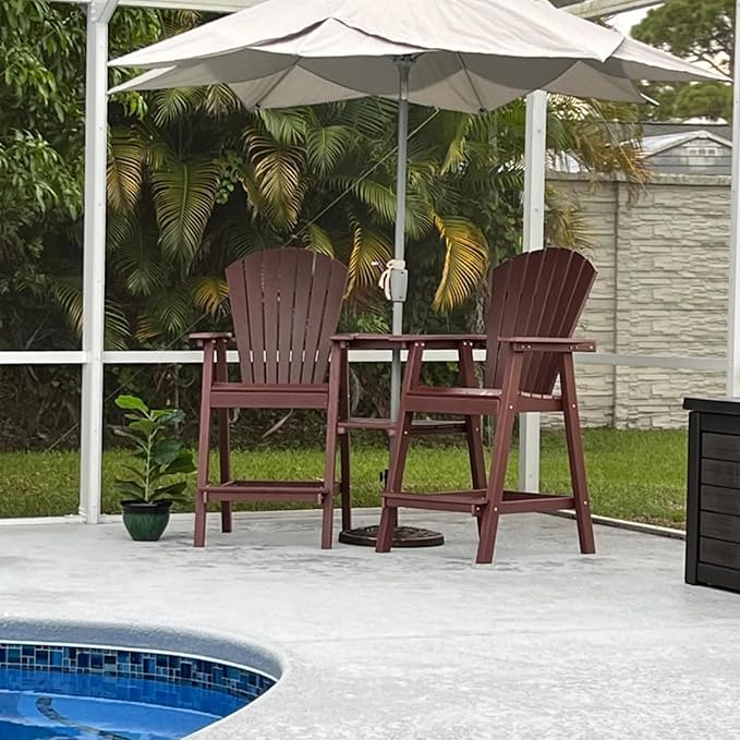 Tall Adirondack Chairs Set of 2, HDPE Balcony Chair with Double Connecting Tray, Weather Resistant Outdoor Adirondack Bar Stools for Patio, Deck, Patio, Backyard, Balcony.(Brown)