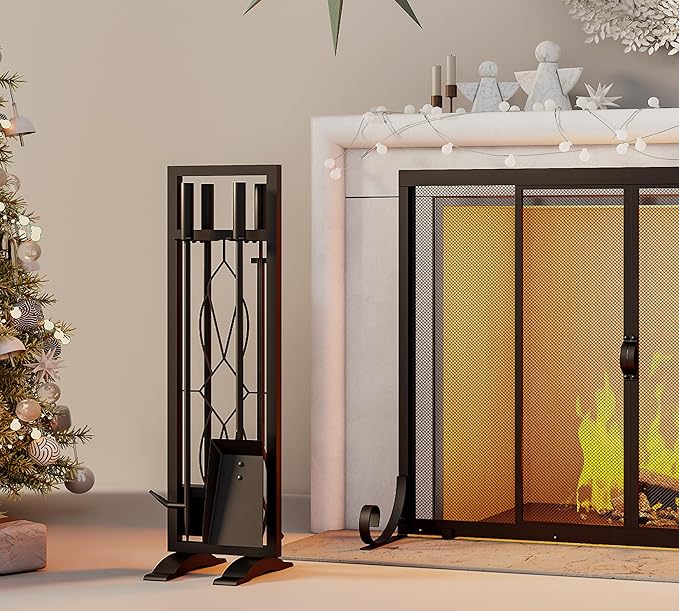 Fire Beauty Fireplace Tools Set 5 Pieces Fireside Accessories Fire Kit Stand Woodstove Tools Holder Wrought Iron Handle Indoor Fireset Stand