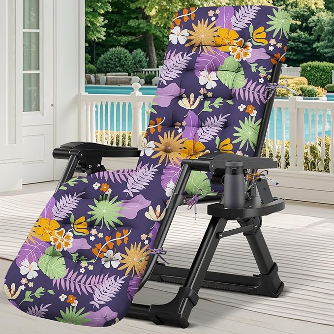 Outdoor Chaise Lounge Chair Cushion Waterproof 66 x 21 x 4 Inches Cotton Lounge Chair Cushions with Ties, Soft Thickened Lounge Chair Cushions for Indoor Outdoor Furniture (Purple Flower Leaf)