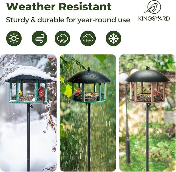 Kingsyard Large Platform Bird Feeder for Outside, Tray Bird Feeder with Weather Protective Dome & Universal Pole Kit, 5 lbs Seed Capacity, Green