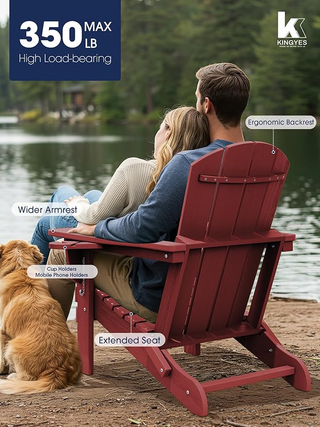 KINGYES Folding Adirondack Chair Set of 2, Dual Cup Holders & All-Weather HDPE, Wood-Like Patio Chair for Backyard, Camping, Pool & Fire Pit, Dark Red
