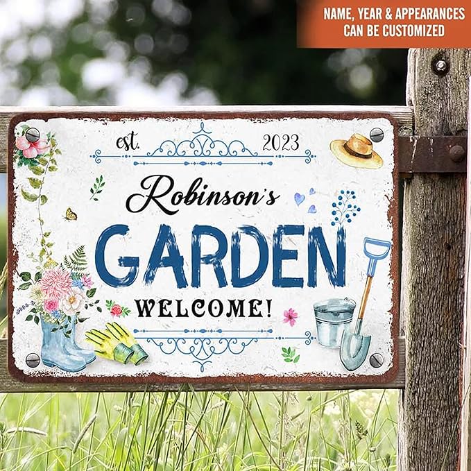 Custom Metal Signs with Name Made in USA Personalized Vintage Garden Sign Waterproof Vintage Decorative Metal Print for Wall Decor Customized Home Garden Ideas Gifts Artwork Prints for Yard Ourdoor