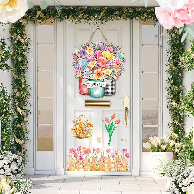 Juexica Spring Front Door Sign - Wooden Decorative Signage, 12 x 12 inches, Delicate Flower Design, Rustic Welcome for Porch Wall Pediments