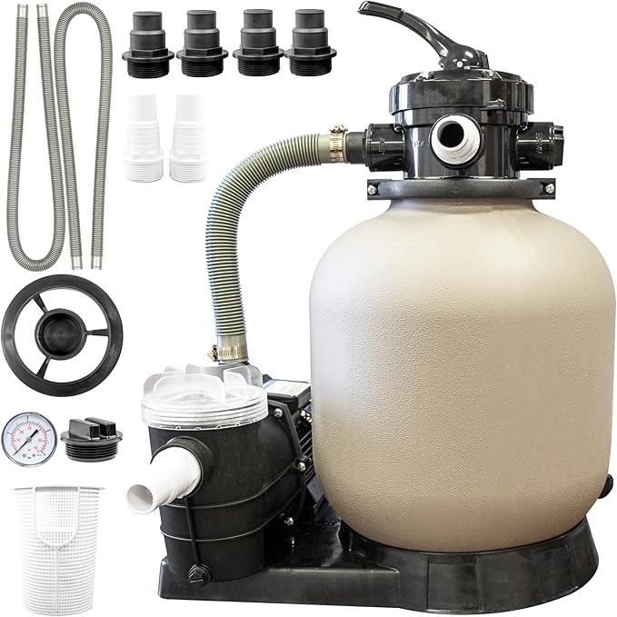 SWIMLINE HYDROTOOLS Complete Sand Filter System, 14" Tank - for Above-Ground & Inground Pools Up to 10,500 Gallons, Single Speed Pump, 0.45 THP, 2,400 GPH, 4-Way Multi-Port Valve, 60 lb Capacity