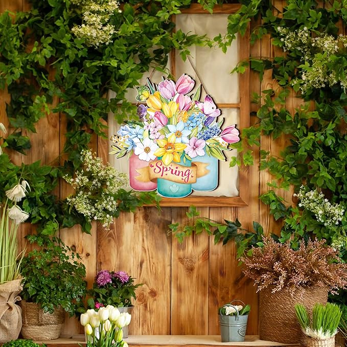 Juexica Spring Decorations for Home Spring Wreaths for Front Door Welcome Sign Door Hanger Decorations Rustic Flower Wall Decor for Easter Party Outdoor Indoor Decor