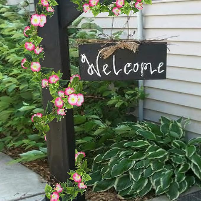 CISDUEO 2 Pcs Artificial Vines Silk Morning Glory Vines for Outdoor 15Feet Hanging Plants Garland Pink Fake Green Plant Morning Glories for Home Decor Wall Fence Stairway Wedding Hanging Baskets