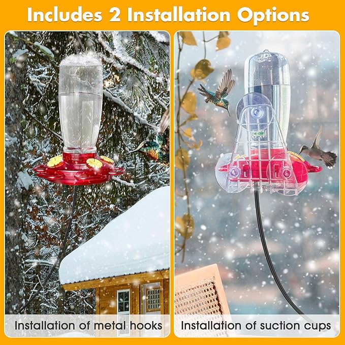 2 Pack Heated Hummingbird Feeders for Winter Outdoors, 15oz Plastic Humming Bird Feeder for Winter with 4 Feeding Ports, Easy Cleaning and Filling Window Hummingbird Feeder with Suction Cup and Hook