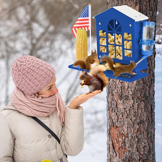 Metal Squirrel Feeder for Outside, Hanging Squirrel House for Outdoors with Water Bottle, Flag and Corn Cobs Holder, Peanut Feeder for Chipmun, Blue