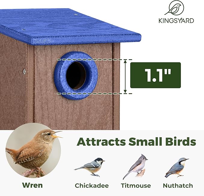 Kingsyard Recycled Plastic Bird House for Outdoors - Weatherproof Wren Bird Nesting with Predator Guard & Air Vents, Blue