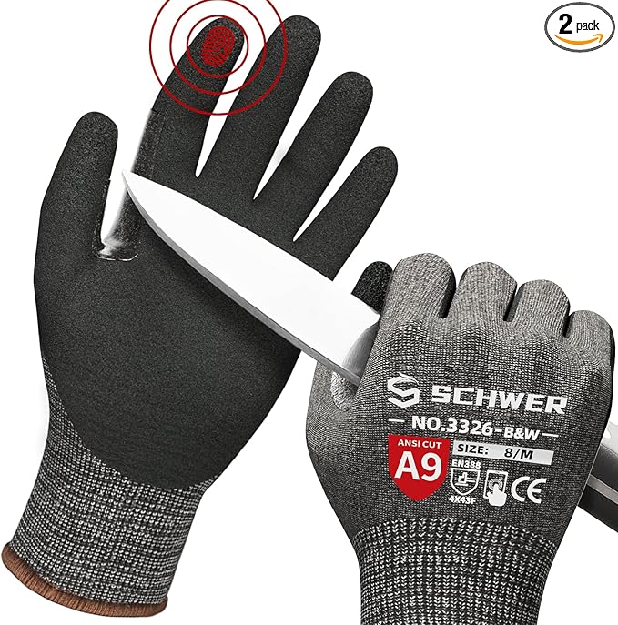 Schwer ProGuard Highest Level Cut Resistant Work Gloves PR3326 for Extreme Protection，ANSI A9 Cut Gloves with Reinforced Thumb, Non Slip, Non PFAS, Durable, Touch-screen, Black 2 Pairs（M）