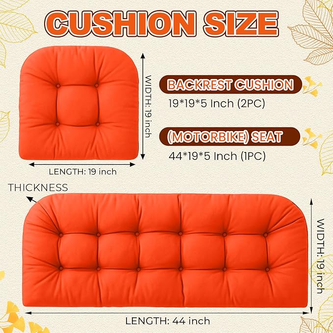 Barydat 3 Pack Wicker Furniture Cushions Waterproof Outdoor/Indoor Tufted Wicker Chair Cushions 1 Loveseat and 2 U-Shape Rattan Chairs for Patio Furniture, Rattan Love Seat, Bench (Orange)