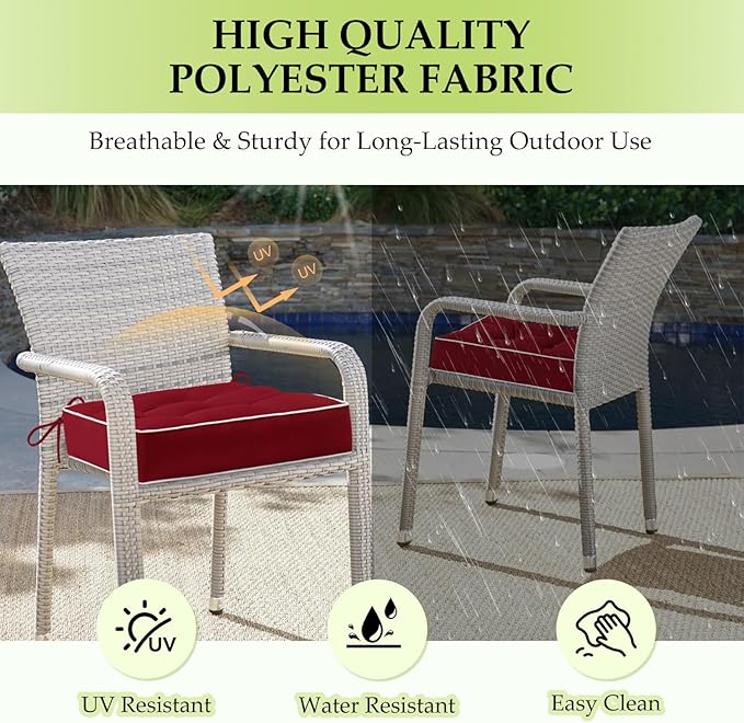 HARBOREST Outdoor Chair Cushions Set of 2, Tufted Patio Chair Cushions with Ties, Square Corner Outdoor Cushions for Patio Furniture, Lawn Chairs, Wicker Chairs, 19" x 19" x 5", Burgundy