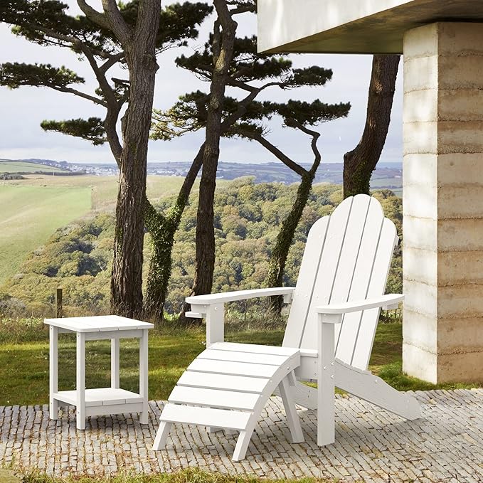 LUE BONA HDPS Adirondack Chairs Set of 4, Fire Pit Outdoor Chair Weather Resistant with Cup Holder, Modern Plastic Chair Plastic for Patio, Deck, Proch, 350LBS, White