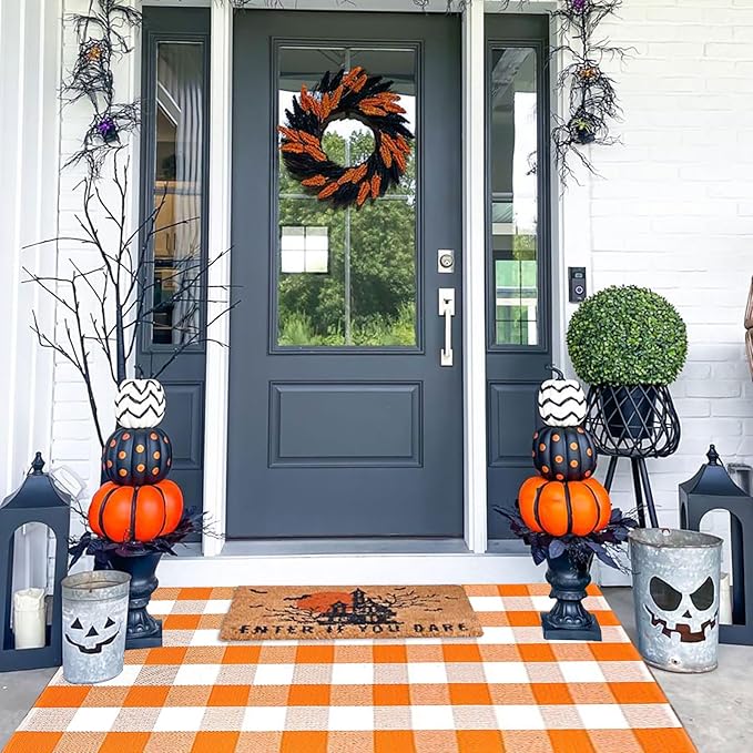 Buffalo Plaid Outdoor Rugs, 3'x5' Orange and White Checkered Indoor/Outdoor Area Rug, Layering Rug for Hello/Welcome Door Mat, Washable Cotton Woven Farmhouse Mat for Fall Front Porch Décor