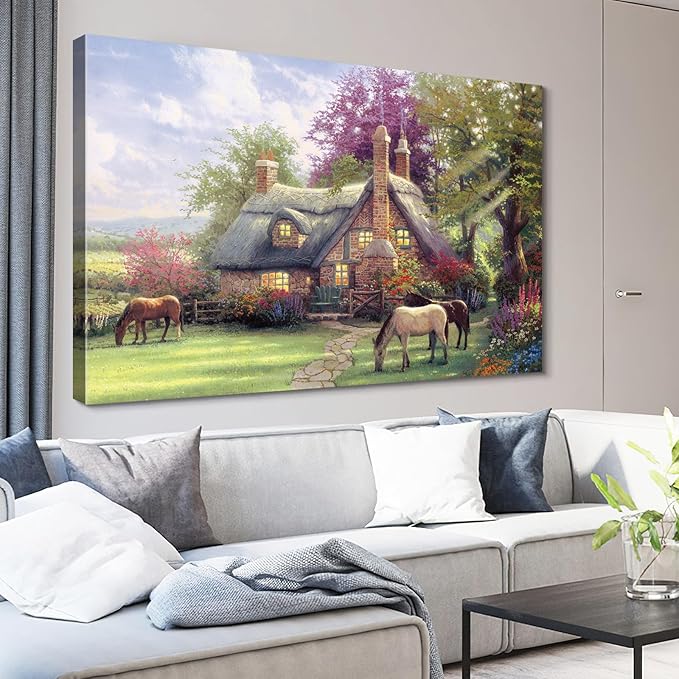 STUDIO HAVEN Thomas Kinkade Canvas Wall Art, Stone Thatched Cottage Grazing Horses Flower Garden and Sunny Meadow Oil Painting Poster Rustic Wall Decor, Framed Prints for Home Decor, 24x16Inch